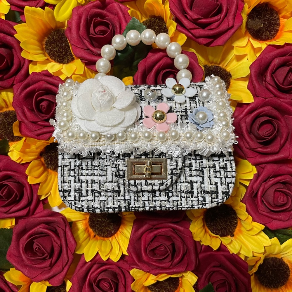 MINI BLACK, PEARL & FLORAL TWEED PURSE